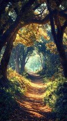 Obraz premium Enchanted Forest Pathway Surrounded by Lush Greenery and Trees