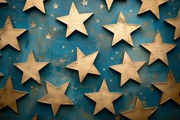 Fototapeta premium Gold Star Pattern on Teal Wooden Background Festive Holiday Texture Christmas New Year