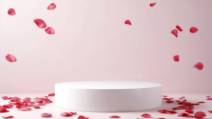 White product placement on podium on solid background with falling red rose petals. Presentation of luxury premium beauty, fashion, cosmetics and spa gifts. Valentine's day gifts showcase