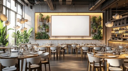 Modern Restaurant Interior With Blank Sign and Plants