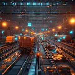 Fototapeta premium Futuristic Urban Train Yard with Glowing Cargo Tracks and Signal Lights