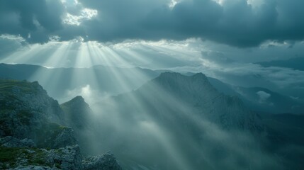 Majestic sunlight breaking through clouds over mountain range a dramatic landscape