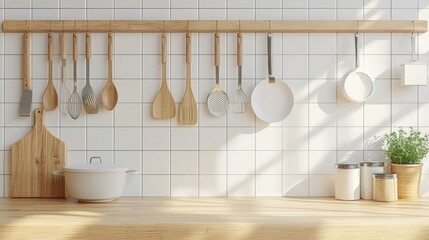 Kitchen tools arrangement cozy home still life bright sunlight aesthetic appeal