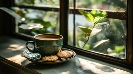Fototapeta premium A ceramic coffee cup on a saucer with cookies, set on a table by a window with bright sunlight.