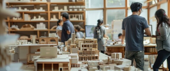Fototapeta premium Design Vision Realized, Architects and engineers collaborate amidst architectural models and blueprints in a vibrant studio, transforming creative concepts into tangible structures.