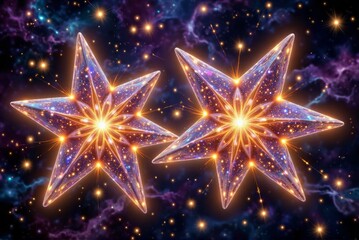 Two sparkling stars with radiant cores against a cosmic backdrop filled with vibrant colors and twinkling elements