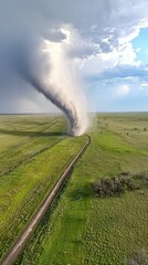 Tornado Approaching Rural Landscape with Open Green Fields