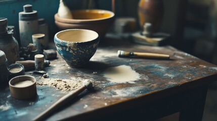 A rustic pottery workspace with tools and clay, hinting at creativity and craftsmanship amidst a serene, vintage setting.