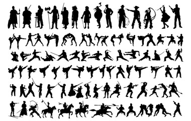 Fighting Medival kungfu Silhouette Vector Pack graphic drawing illustration for stickers, streetwear, t-shirts, logos, print-on-demand, print, or branding