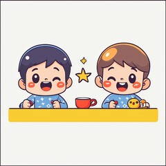 Happy Kids Enjoying Tea Time Together Cute Cartoon Illustration