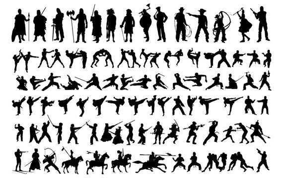 Fighting Medival kungfu Silhouette Vector Pack graphic drawing illustration for stickers, streetwear, t-shirts, logos, print-on-demand, print, or branding