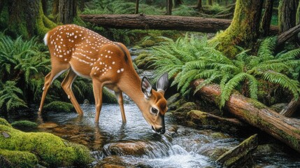 A deer drinks from a bubbling forest stream, surrounded by green ferns and mossy logs.