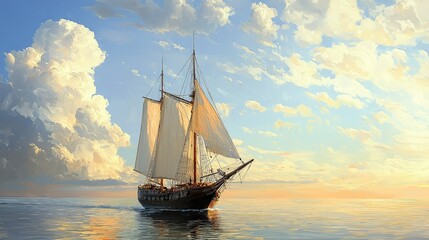 Fototapeta premium Majestic Sailing Ship on Calm Waters Under Bright Atmospheric Skies