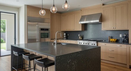 Fototapeta premium Modern kitchen design with wood cabinets and black granite island