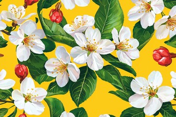 Obraz premium Vibrant White Blossoms and Lush Green Leaves on Yellow Background Seamless Floral Pattern