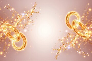 Two glowing golden rings intertwined with sparkling effects against a soft pastel background