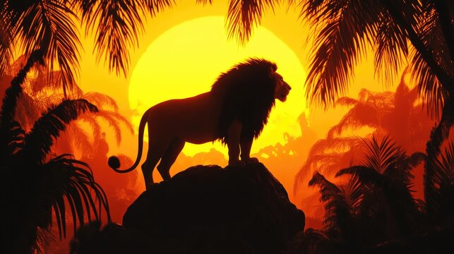 A lion's silhouette against a glowing sunset, standing on a boulder in the middle of a dense forest.