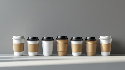 Modern disposable coffee cups aligned in a row, representing eco-friendly design, sustainable takeaway options, and minimalist aesthetics in contemporary coffee culture and environmentally conscious b