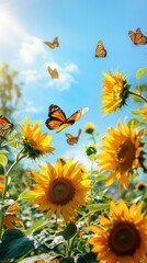 Vibrant Sunflowers and Butterflies Under a Clear Blue Sky