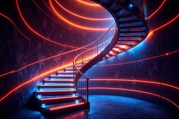 Obraz premium Neon-lit spiral staircase winding upwards, illuminated by dynamic light lines in a dark setting