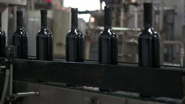 Bottles on the conveyor line in wine bottling and production.