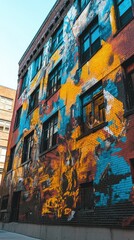 Fototapeta premium Vibrant Urban Mural on Brick Wall in City Alleyway Setting