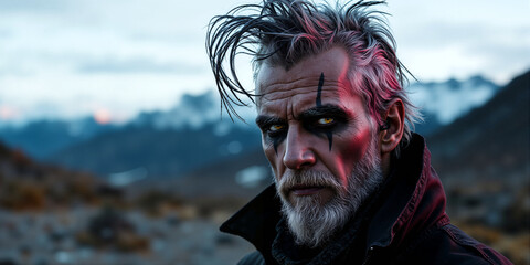 A man with a beard and red paint on his face stands in front of a mountain. He looks angry and menacing. For Banner, poster, background, greeting card
