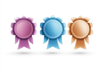 Colorful award ribbons in pink, blue, and gold with elegant shadows