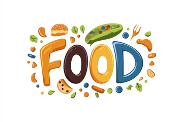 Colorful food typography with vegetables and snacks on white background