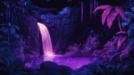 Nighttime Waterfall in a Purple Tropical Forest