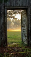 Obraz premium Sunlit Open Doorway Overlooking Serene Natural Landscape at Dawn