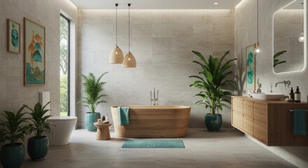 Modern minimalist bathroom design with wooden accents and greenery enhancements
