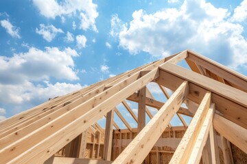 Obraz premium Wooden roof framework against blue sky with clouds