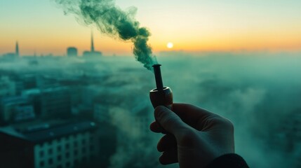 Hand holding a smoke bomb producing green smoke over a foggy city at sunrise.
