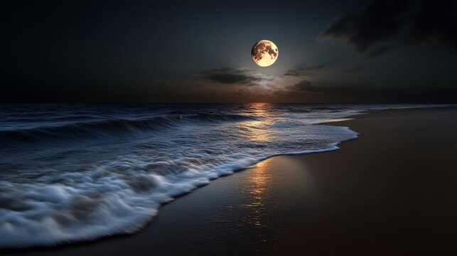 Moonlit night over waves gently lapping the shore, capturing a mystical and serene seascape under a glowing full moon.