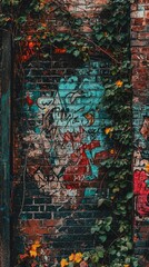Obraz premium Vibrant Urban Graffiti with Overgrown Greenery on Brick Wall