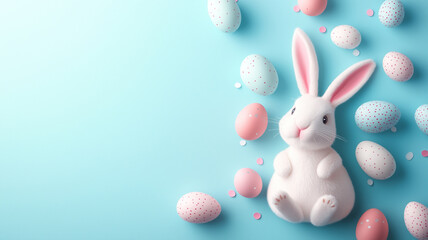 little baby easter bunny with decorated easter eggs. Easter holiday concept with pastel copy space for greeting cards and celebration text