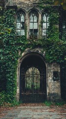 Obraz premium Abandoned Gothic Archway Surrounded by Lush Green Ivy