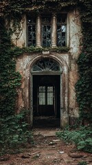 Fototapeta premium Abandoned Building Entrance Surrounded by Lush Green Ivy
