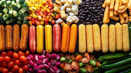 Vibrant Colorful Food Arrangement Featuring Vegetables Fruits and Churros A Delightful Culinary Display