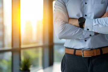 Man wearing a watch and a brown belt stands in front of a window