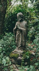 Obraz premium Weathered statue of a serene figure surrounded by lush greenery