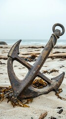 Fototapeta premium Rusty Anchor on Beach Surrounded by Seaweed and Driftwood