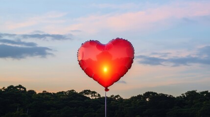 Fototapeta premium A vibrant heart-shaped balloon silhouetted against a sunset sky, symbolizing love and warmth in a serene outdoor setting.