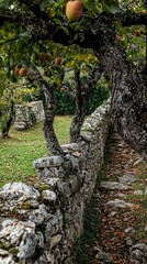 Scenic Orchard Path with Stone Wall and Fruit Trees in Autumn