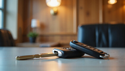 Car keys resting on a table in an office setting
