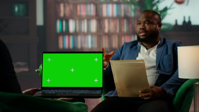 Professional CIA team share mission details next to copy space display over secret case reports, illustrating the importance of discretion in governmental missions. CIA bureau. Camera B.