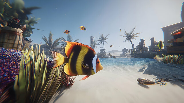 Tropical fish swims near a sandy beach town with palm trees and ancient ruins in the background.