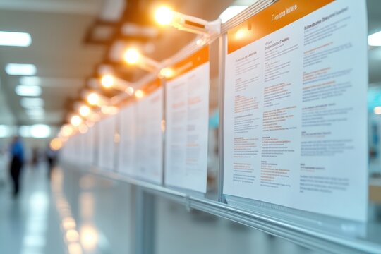 A series of illuminated documents displayed in a corridor, showcasing information in an organized manner, likely for public viewing.