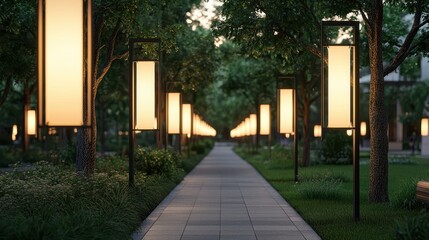 Fototapeta premium A serene pathway illuminated by glowing lanterns, lined with trees, creating a tranquil atmosphere for evening strolls.